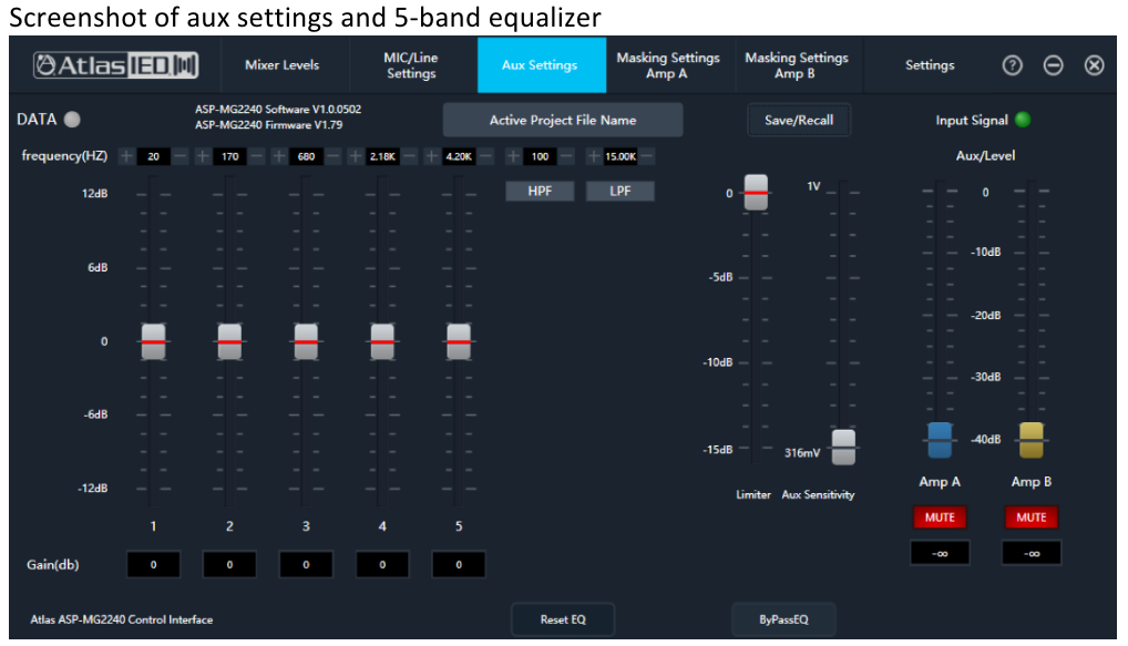 ASP-MG2240 aux setting and 5-band equalizer view